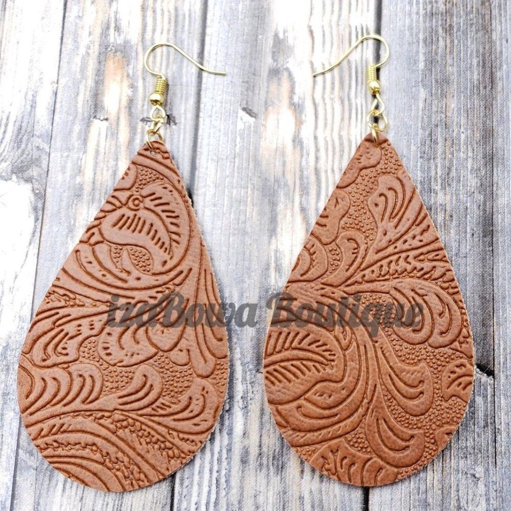 Cognac Faux Leather Tooled Earring ER1666  HAND CRAFTED  Boutique